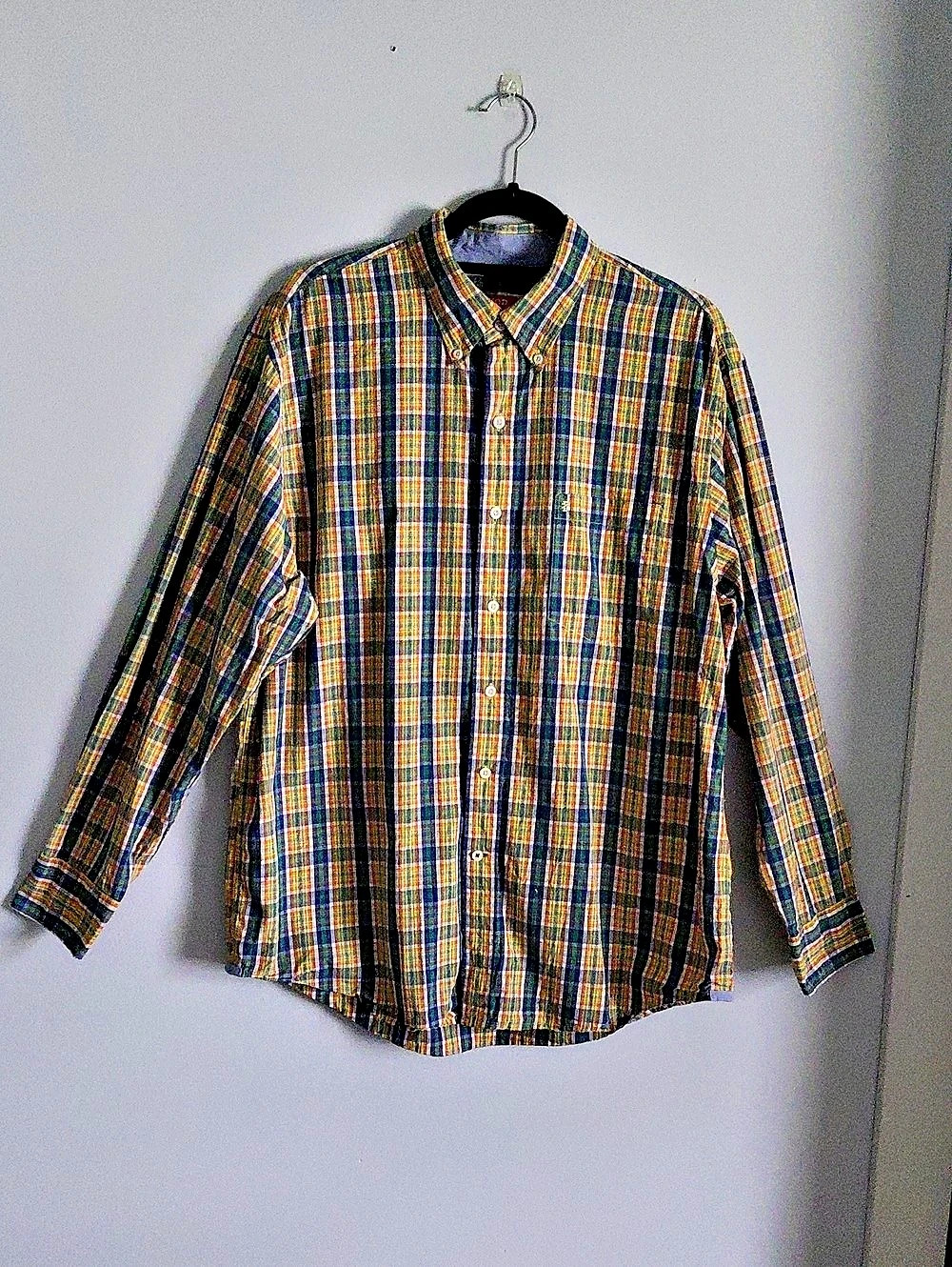 Izod Yellow Green Plaid Button Down Dress Shirt Multicolor Large